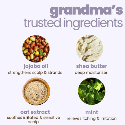 Illustration of grandma's trusted ingredients with images and descriptions on a white background