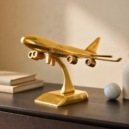 Brass Jet Plane On Stand Table Top Decorative Showpiece for Home Decor & Office Table and Gifting. (Gold)