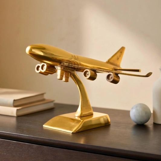 Brass Jet Plane On Stand Table Top Decorative Showpiece for Home Decor & Office Table and Gifting. (Gold)