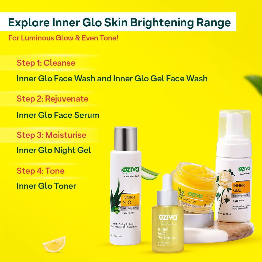 OZiva Inner Glo Skin Brightening Face Serum, Skin Brightening Serum For Even Tone & Increased Radiance With Phyto Vitamin C, Rosehip Oil & Saffron, Face Serum For All Skin Types, 30ml