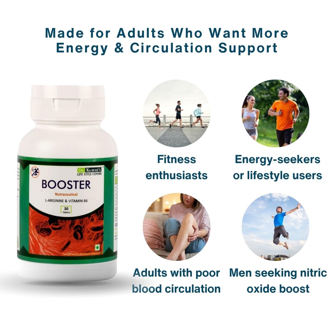 DR. KUMAR'S LIFESTYLE CENTRE Booster Nitrogen L-Arginine Tablets | HCL & Vitamin B6 | Support Healthy Blood Circulation | Health Supplement | 30 Tablets | 1000mg
