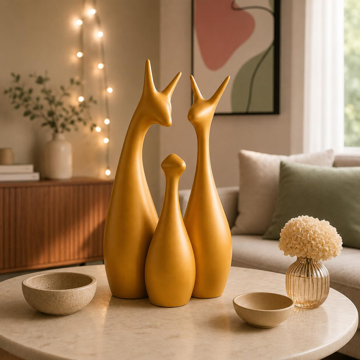 Home Decor Lucky Deer Family Ceramic Figurine (Set of 3, Gold Matte)