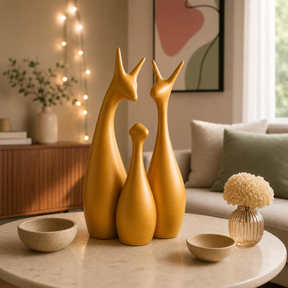 Home Decor Lucky Deer Family Ceramic Figurine (Set of 3, Gold Matte)