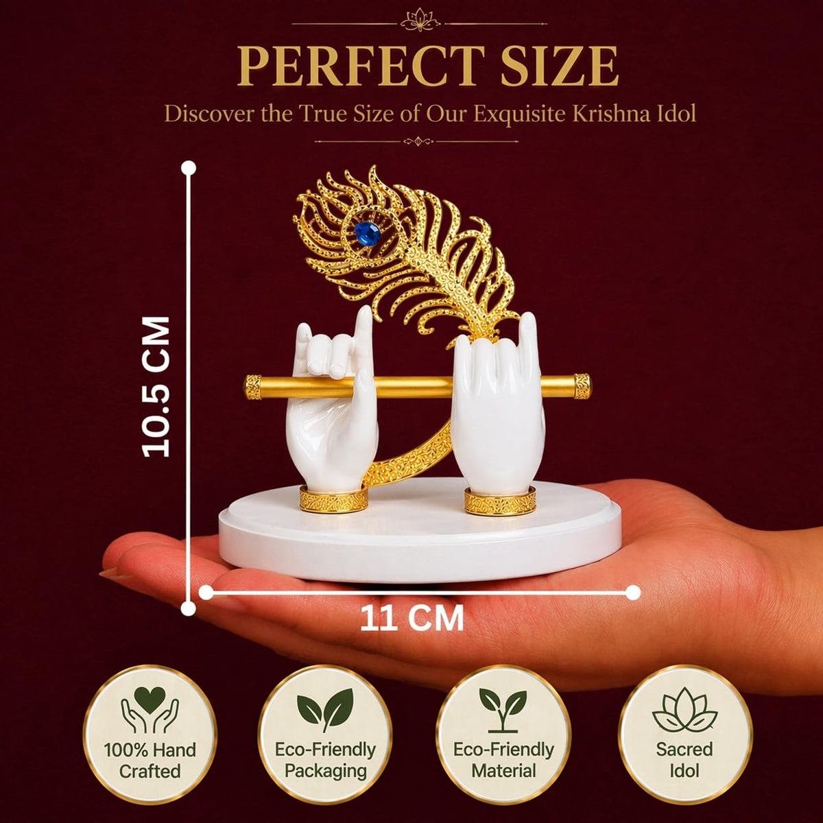 Goldplated Krishna Hand with Flute Idol Peacock Feather Mor Pankh Showpiece,Housewarming Gift, Birthday Wedding Anniversary Janmashtami Gift,Home Decor Decoration Items for Living Room
