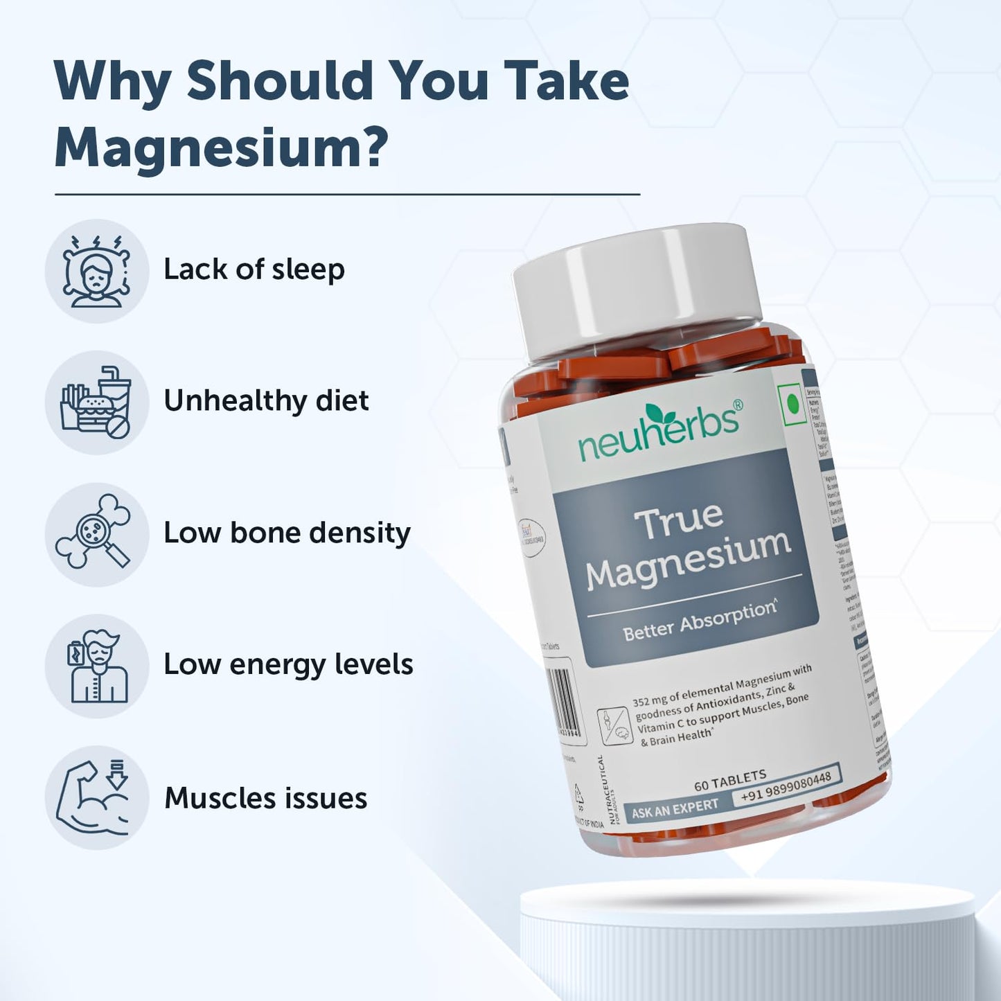 Neuherbs True Magnesium Glycinate Supplement 1600mg - 60 Tablets | Chelated Magnesium Supplement for Men & Women With Antioxidants, Zinc & Vitamin C For Muscle Recovery, Improved Sleep & Joint Health.