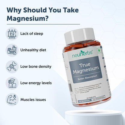 Neuherbs True Magnesium Glycinate Supplement 1600mg - 60 Tablets | Chelated Magnesium Supplement for Men & Women With Antioxidants, Zinc & Vitamin C For Muscle Recovery, Improved Sleep & Joint Health.