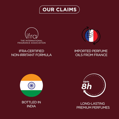 List of product claims with icons and text on a red background