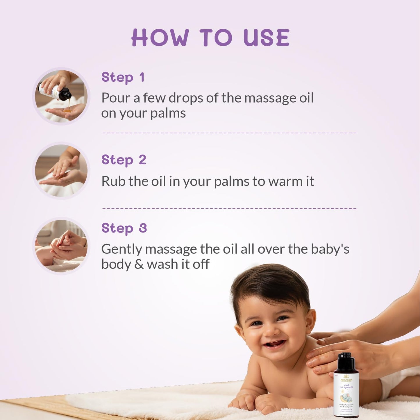 AreoVeda Organic Cold-Pressed Baby Massage Oil for Babies & Toddlers (50ml) | With Almond (Badam) & Sesame Oils | Non-Sticky & Quick-Absorbing | Massage Strengthens Bones, Aids Sleep