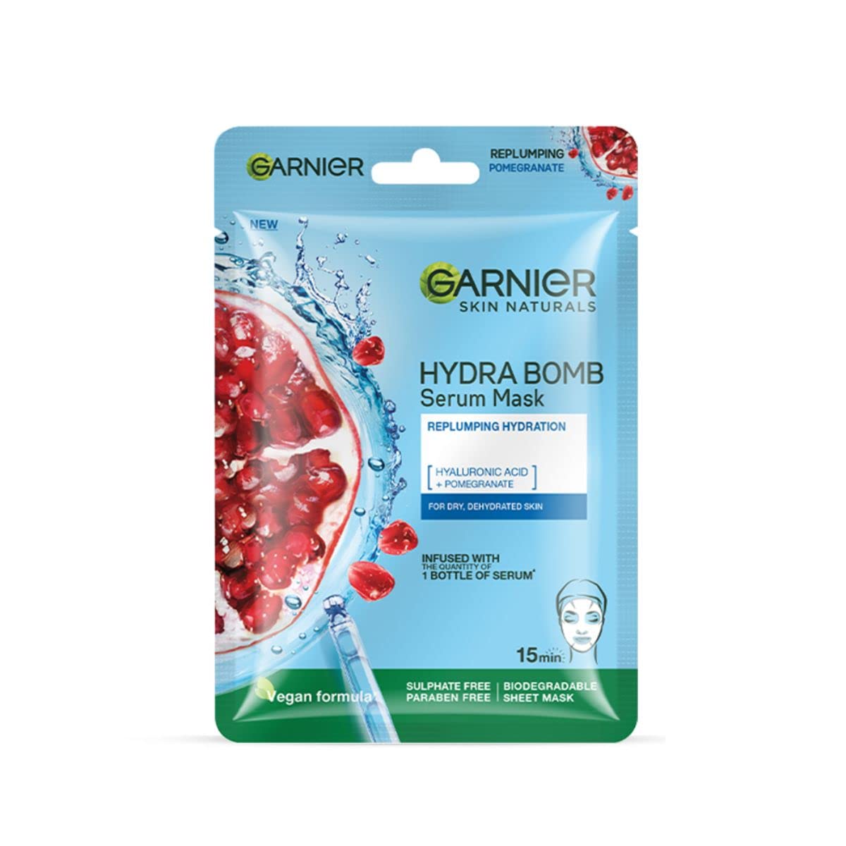 Garnier Hydra Bomb Serum Mask packaging with pomegranate illustration on a white background