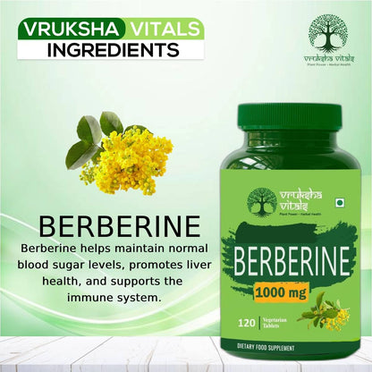 Vruksha Vitals 99% Berberine Extract 1000 mg - 120 tablets/Capsules Powder Supplement