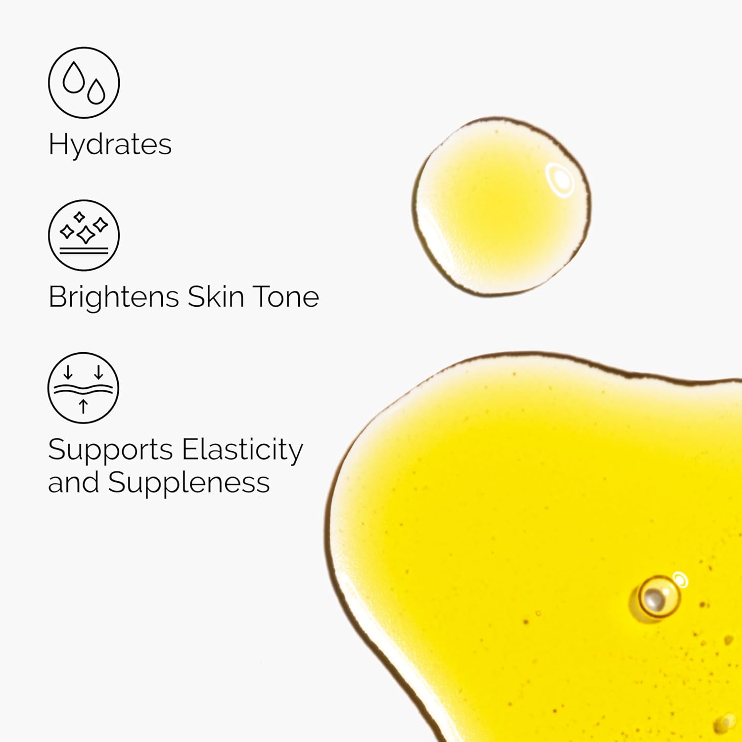 Yellow skincare product with droplets and text on a white background