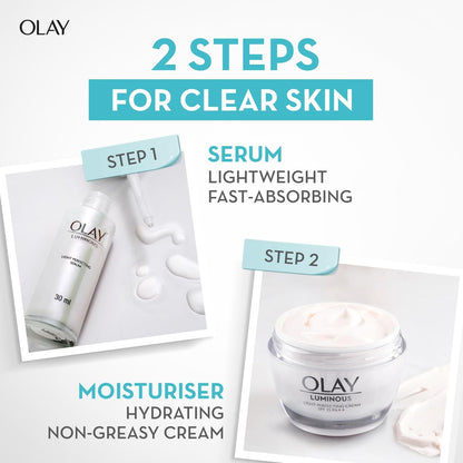 Olay skincare product advertisement with serum and moisturizer on a white background