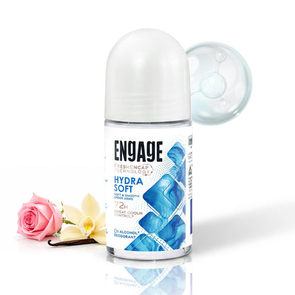 Engage Hydra Soft Underarm Roll On for Women|Skin Softening Deodorant Formula |72 Hour Sweat & Odour Protection| Advanced Antiperspirant Formula|FreshEncap Technology |0% Alcohol|Non Sticky|50ml