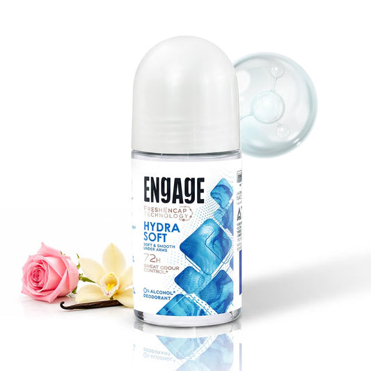 Engage Hydra Soft Underarm Roll On for Women|Skin Softening Deodorant Formula |72 Hour Sweat & Odour Protection| Advanced Antiperspirant Formula|FreshEncap Technology |0% Alcohol|Non Sticky|50ml