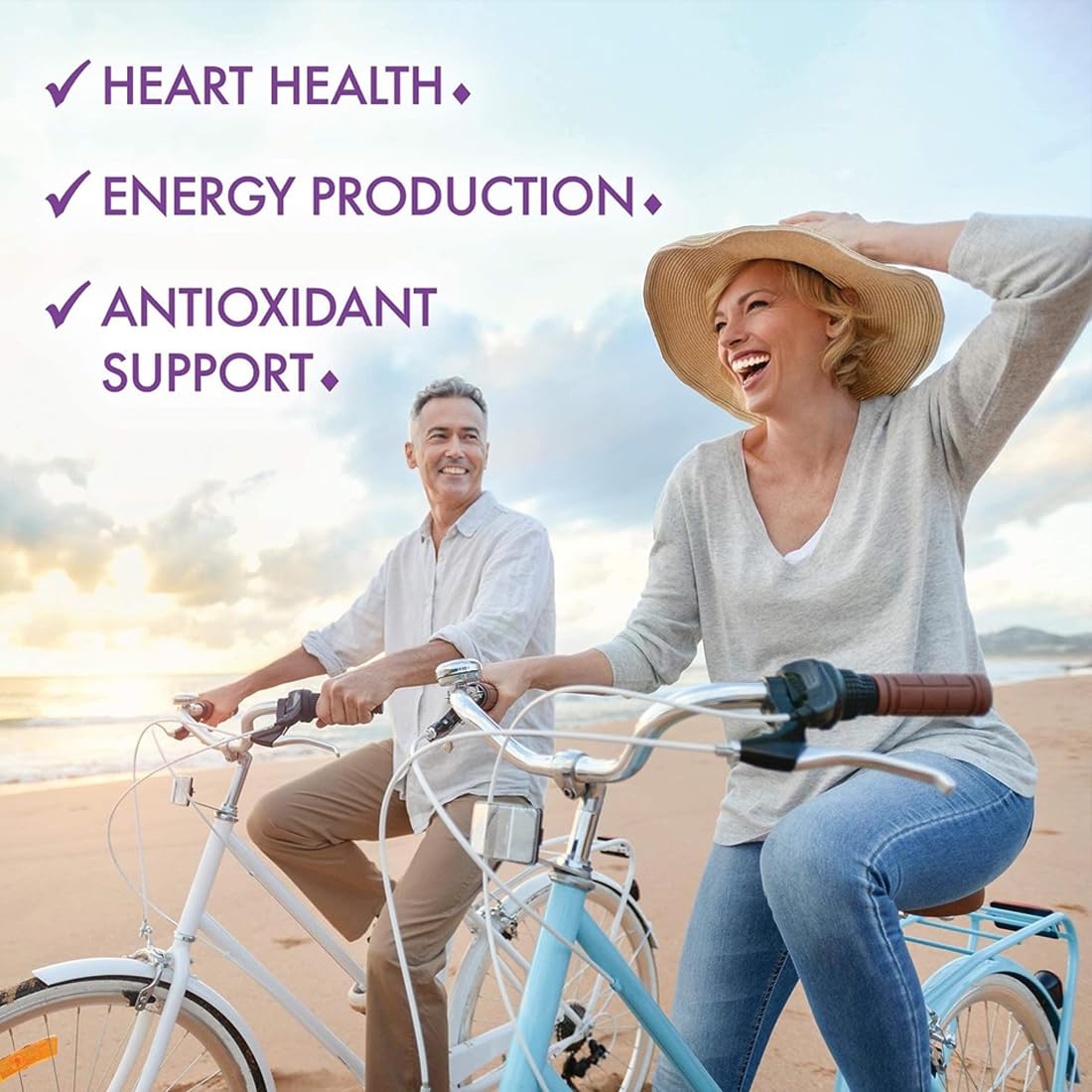 Man and woman riding bicycles on a beach with text about health benefits.