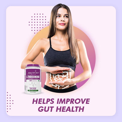 Woman holding a supplement container with text about improving gut health on a purple background