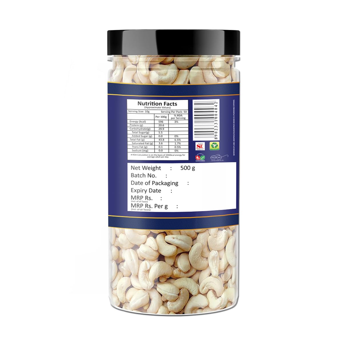YUM YUM Pure Cashews Whole/Kaju, 500g, Nutritious & Delicious, Premium Kaju nuts, Rich in Protein, Magnesium & Phosphorus, Deluxe Size & Crunchy Nuts Jar