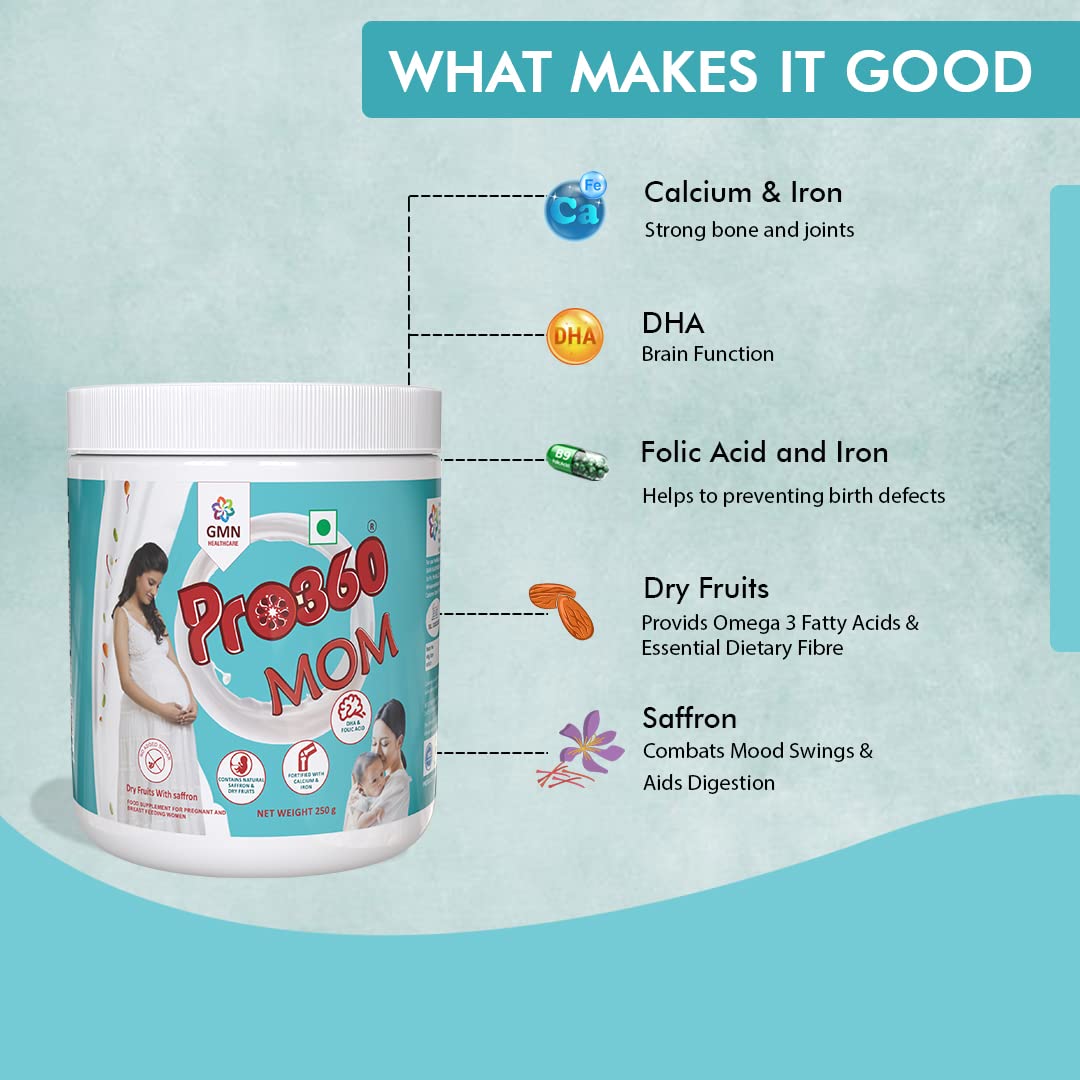 Pro360 Mom Protein Powder for Pregnant Women | 250g Saffron-Flavored Maternal Nutrition with Dry Fruits | Protein Supplement for Breastfeeding and Lactating Mothers
