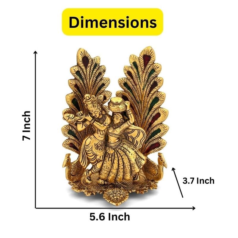 Collectible India Peacock Design Radha Krishna Idol Showpiece with Diya for Puja and Home Decor (7 x 5 Inches), Metal, Gold (1 Piece)
