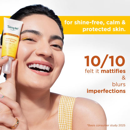 Woman applying Simple brand face cream with text highlighting skin benefits on a white background