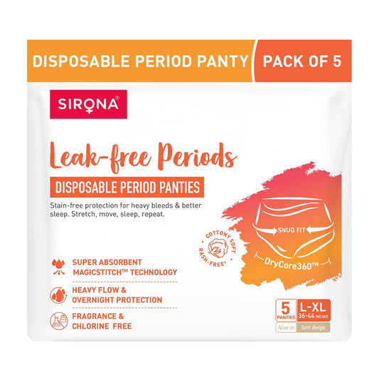 Sirona Disposable Period Panty for Girls & Women | L-XL | Pack of 5 | 360° Coverage for Stress Free Periods | Leakage Protection for Heavy Flow | Rash Free | Super Absorbent with Comfortable Fit