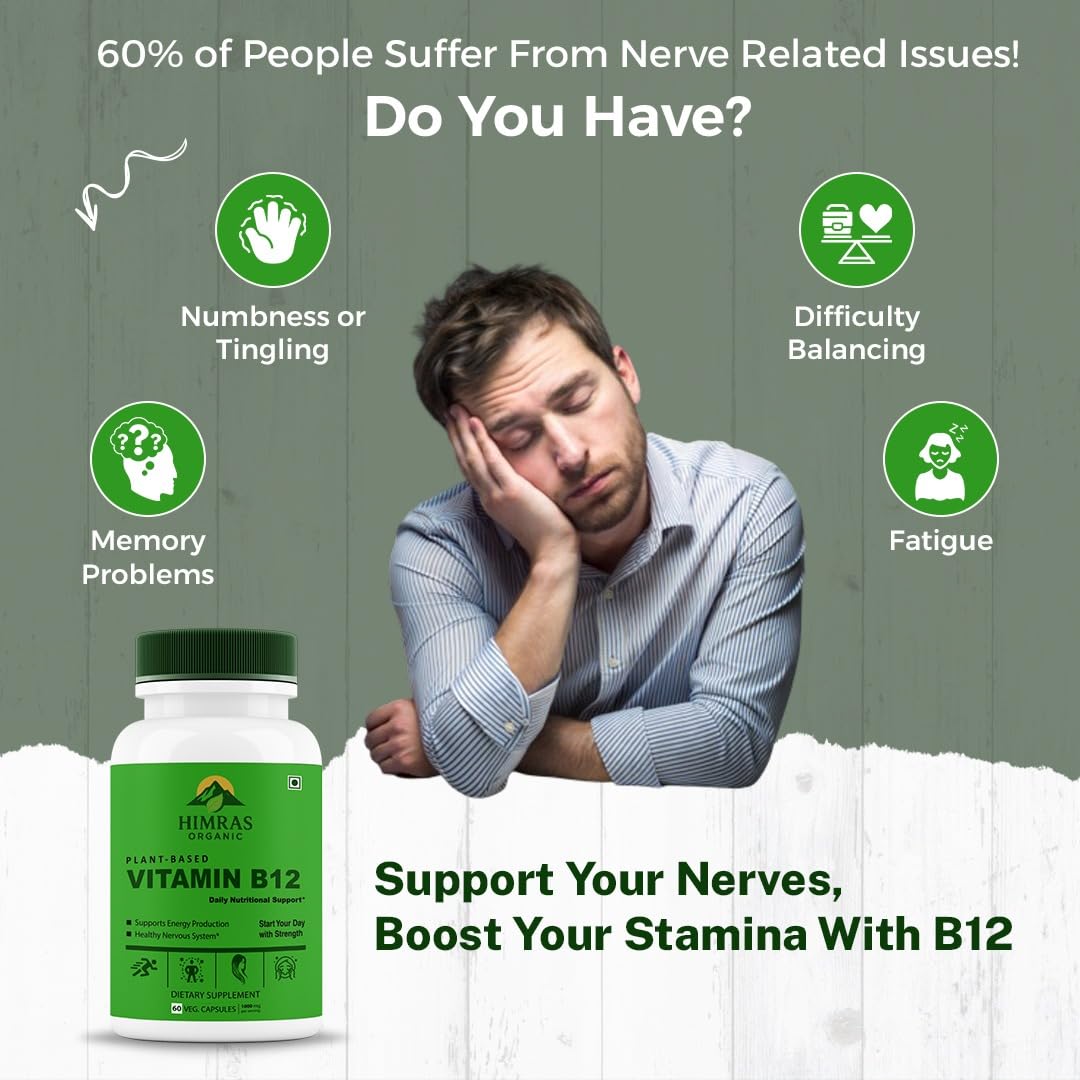 Plant-Based Vitamin B12 1000mcg Natural Energy & Immunity Booster 60 Veg Capsules for Men & Women Dietary Supplement (1)