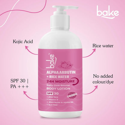BAKE Alpha Arbutin Rice Water Body Lotion SPF 30 PA+++ for Pigmented & Tanned Skin | For Uneven Skin Tone, Tan Removal & Pigmentation | For Women & Men | 200ml
