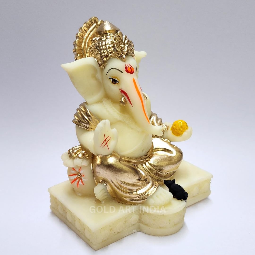 Gold Art India Gaddi Ganesha Idol for Home Decor | Peach Terracotta Finish with Gold Colour Mukut & Ornaments – 3.5 Inch Ganpati Statue for Car Dashboard, Home Decor, Puja, Office Desk