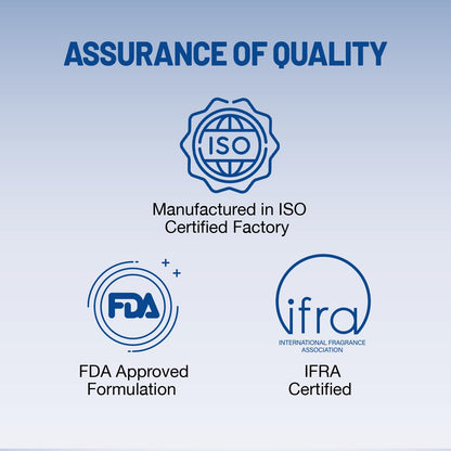 Quality assurance logos including ISO, FDA, and IFRA on a blue background