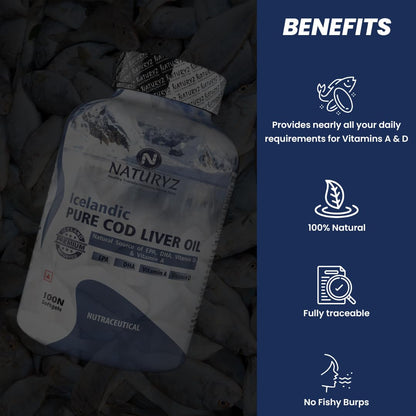 Naturyz Icelandic Pure Cod Liver Oil package with benefits listed on the right.