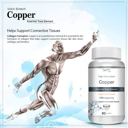 Vokin Biotech Copper supplement bottle with an illustration of a muscular figure on a light blue background