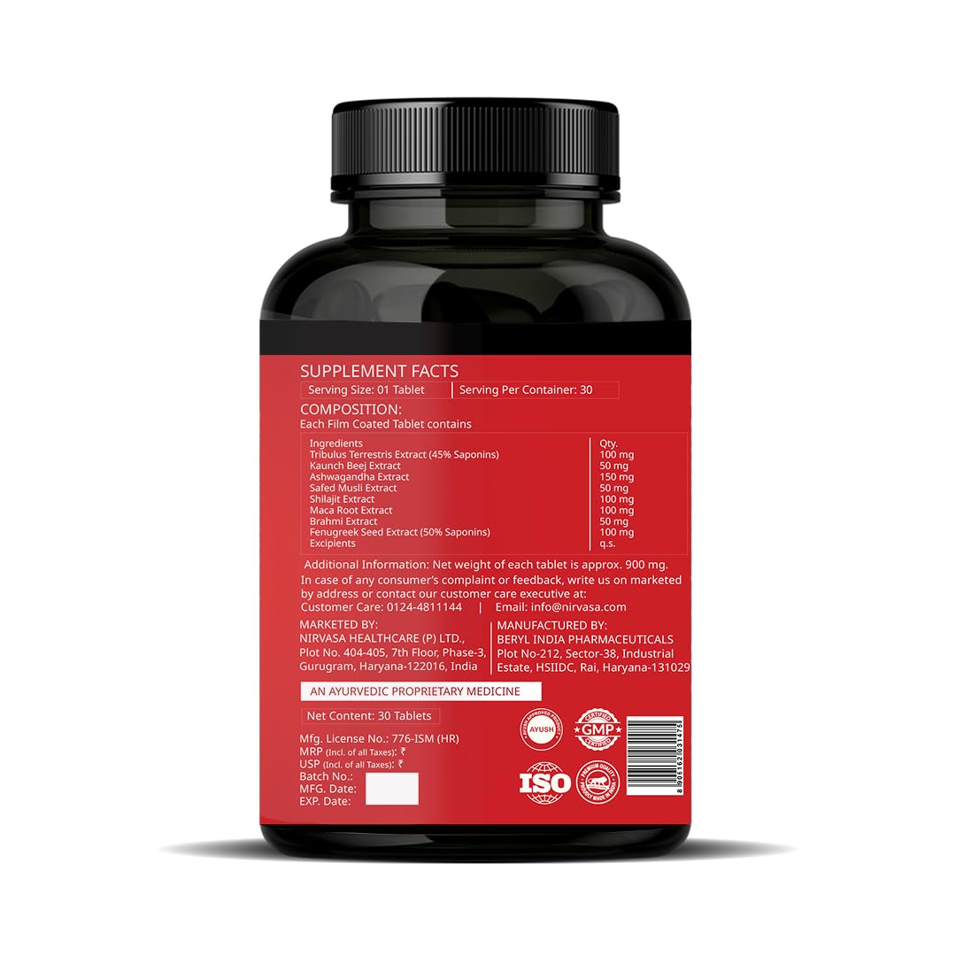 Nirvasa StayManly Tablets (30 Tabs) | Ayurvedic Strength, Stamina & Performance Booster | Boosts Energy, Endurance & Vitality | Tribulus Terrestris, Ashwagandha, Safed Musli & Shilajit
