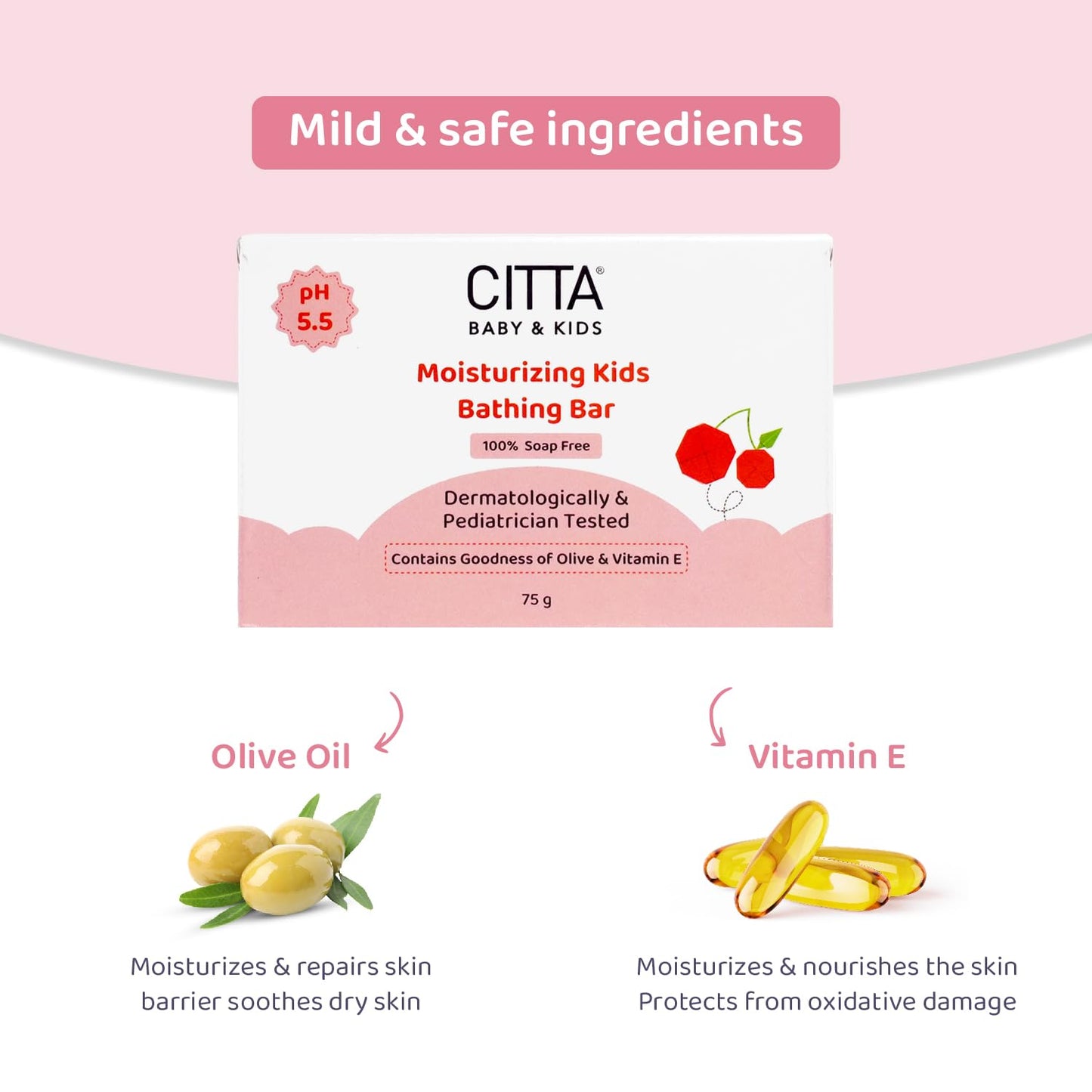CITTA Bathing Bar for Babies & Kids | Soap-Free, No Tears | Dermatologist Approved pH Balanced Wash for Sensitive Skin | Olive Oil & Vitamin E for Soft & Glowing Skin | 75g |