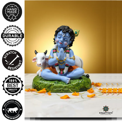 Handcrafted Laddu Gopal Krishna Idol with Cow – Polyresin Bal Krishna Murti for Home Temple, Pooja Room, Car Dashboard, Office Desk, Janmashtami, Housewarming & Spiritual Gift, 8 cm