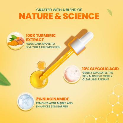 Skincare product with ingredients and benefits on a yellow background