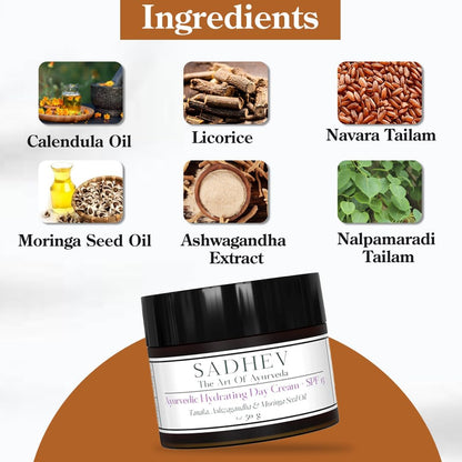 Sadhev Ayurvedic Hydrating Day Cream SPF 15 with Goodness of Tanaka, Ashwagandha & Moringa Seed Oil - 50gm (Pack of 1)_GWP
