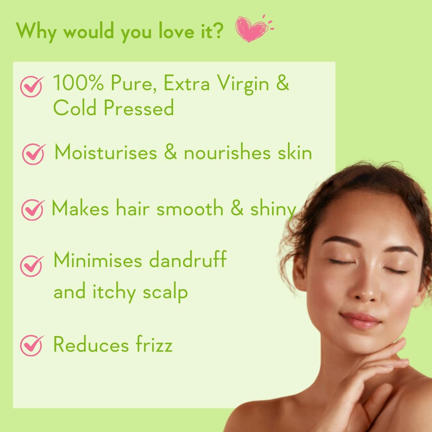 Woman with smooth skin and hair against a green background with product benefits listed.
