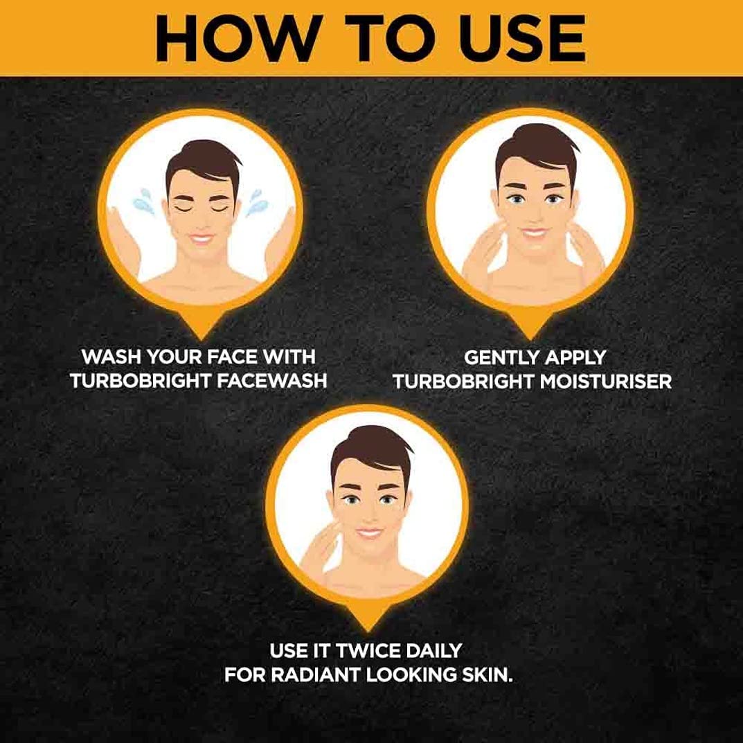 Instructions on how to use a facial wash and moisturizer with cartoon illustrations of a man.