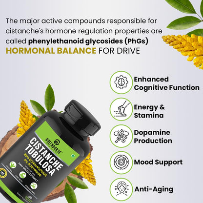 GREENDORSE Organic Cistanche Tubulosa standardised to 25% Echinacoside, 5% Acetoside with Kali Musli Extract 1000mg | 3rd Party Tested| For Strength, Performance, Vitality- 60 Veg Capsules