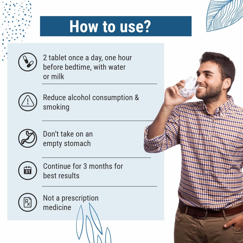 Person drinking water with instructions on how to use a supplement on a light blue background