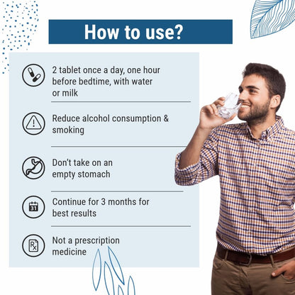 Person drinking water with instructions on how to use a supplement on a light blue background