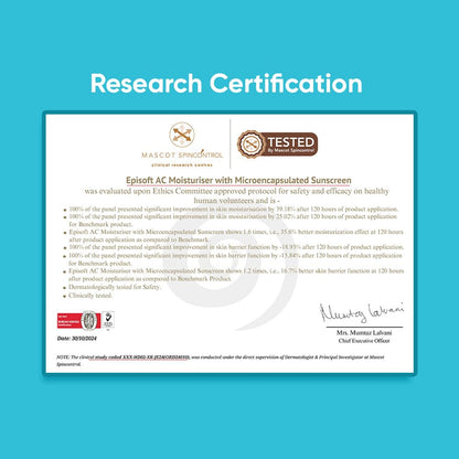 Research certification document for Episoft AC Moisturizer with Micromacapsulated Sunscreen on a blue background