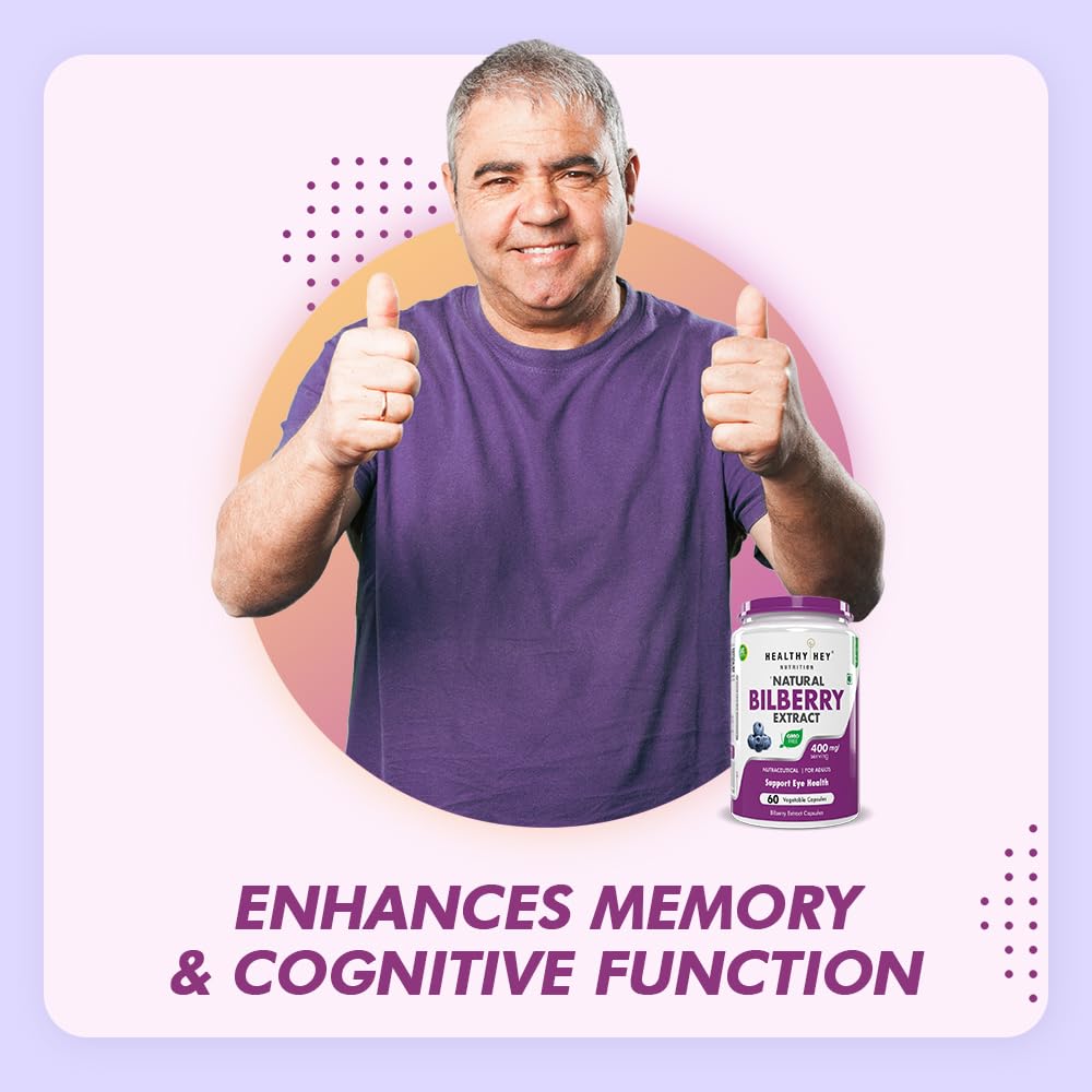 Man giving thumbs up with a bottle of Natural Bilberry Extract on a purple background