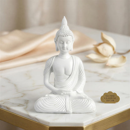 New Sitting Meditating Buddha Statue showpiece Idol Home Decor Items for Living Room and Gifts (White)