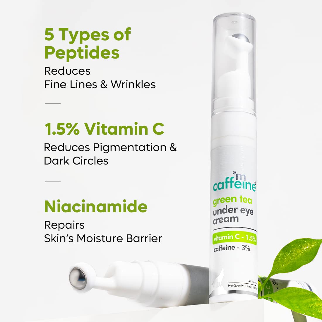 Green tea under eye cream with text highlighting its benefits on a white background