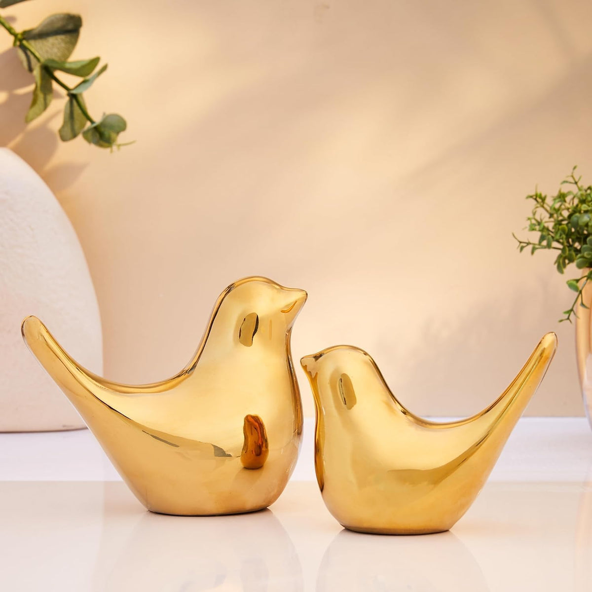 Ceramic Golden Birds Showpiece for Home Decor | Set of 3 Decorative Bird Figurines | Gold Bird Statue for Living Room, Bedroom, Office Desk, Cabinet & Shelf Decoration (Pack of 2, Golden)