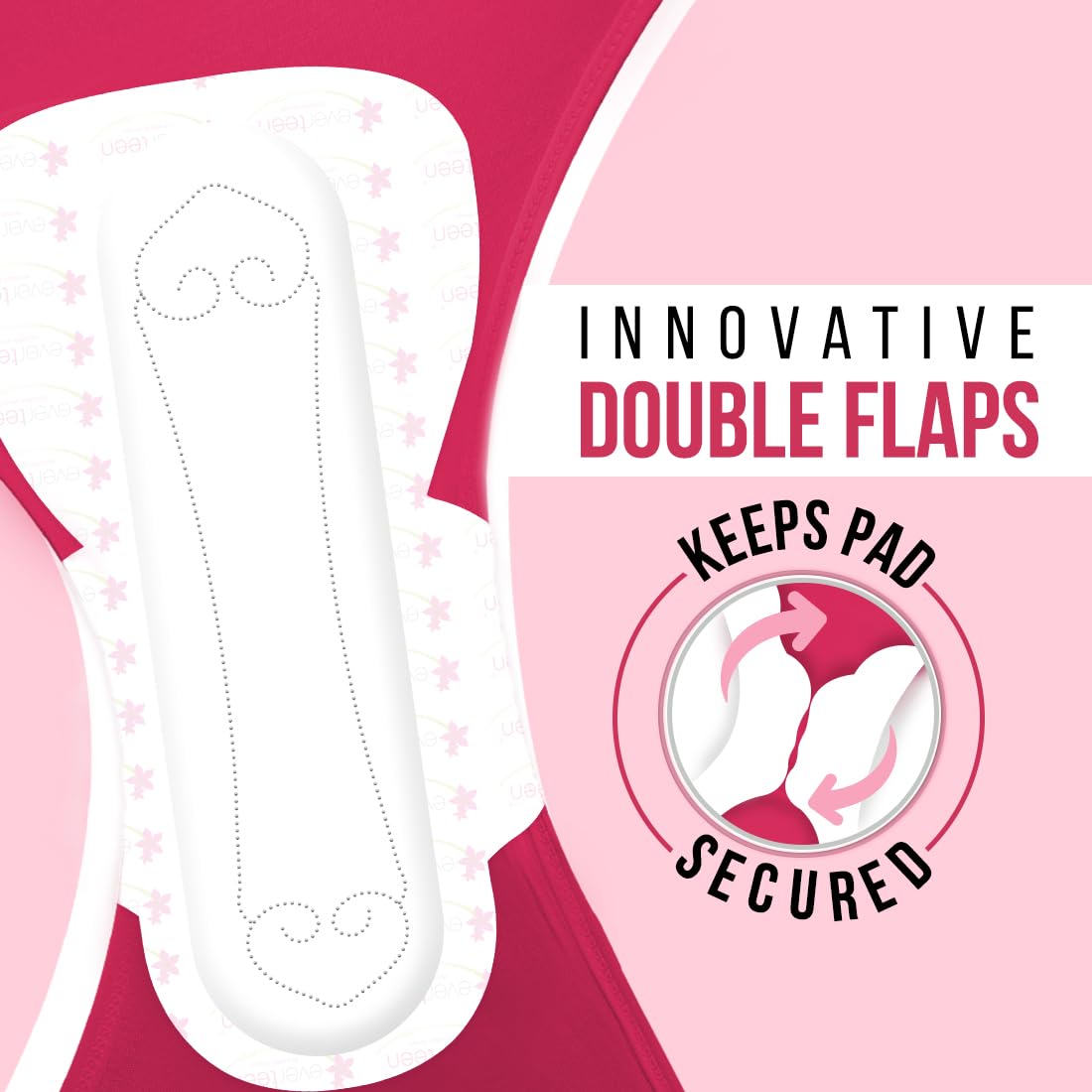Menstrual pad with double flaps on a pink background