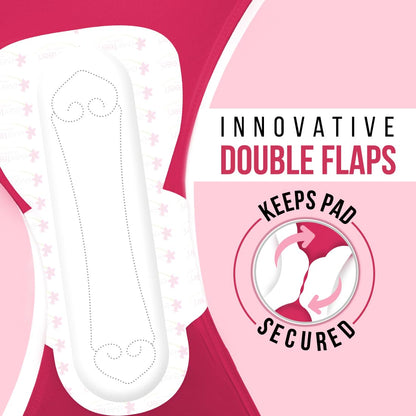 Menstrual pad with double flaps on a pink background