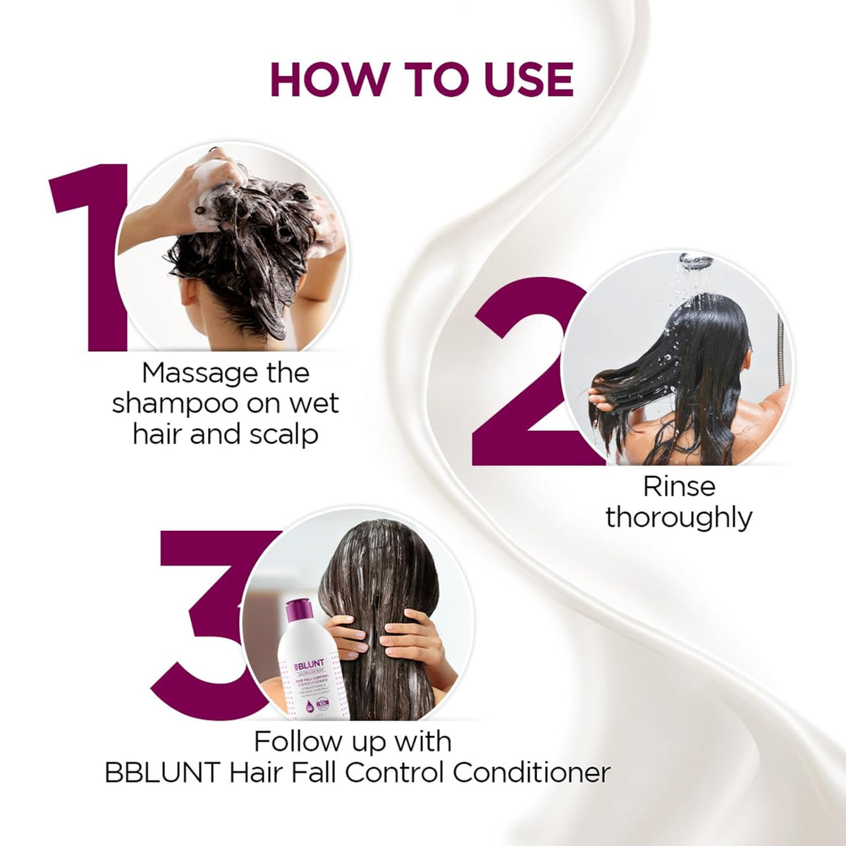 Step-by-step guide on how to use shampoo with images and text.