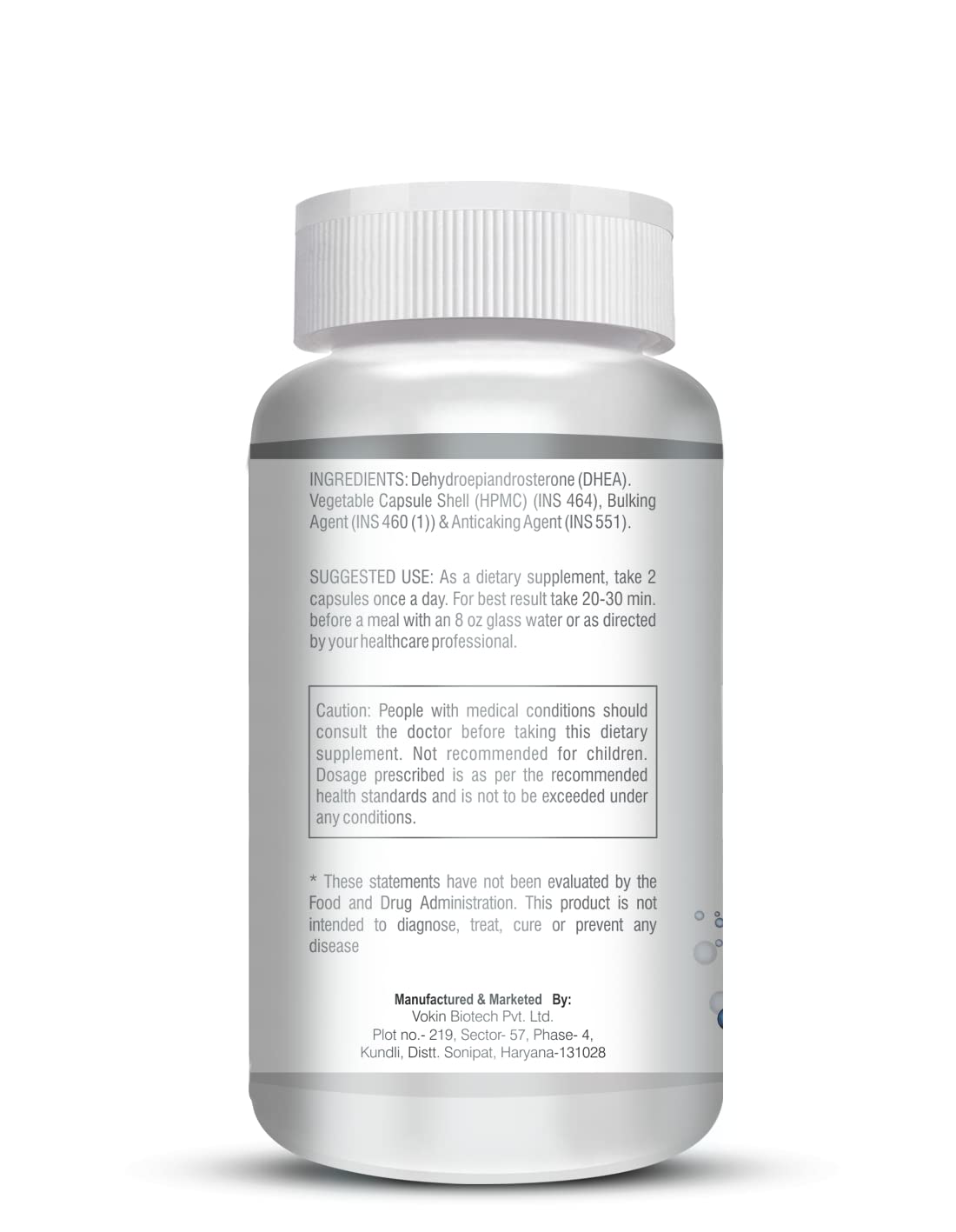 White supplement bottle with label on a white background
